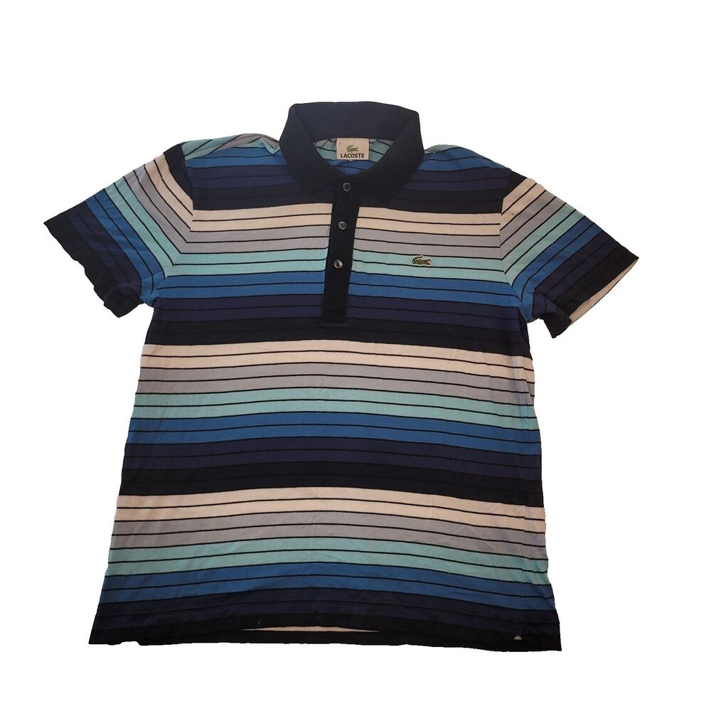 Lacoste Men’s Polo Shirt Size 3 Small Blue Striped Short Sleeve Crocodile
